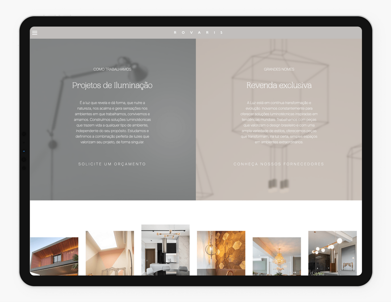 mostrando a página inicial do site dentro de um ipad